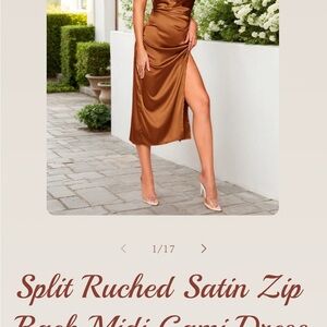 Satin Split Midi Dress in Brown